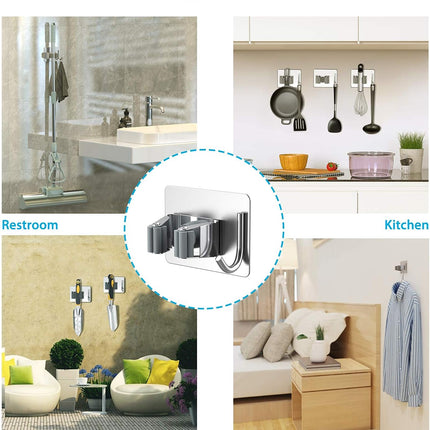 Mop Broom Holder No Drill, Mop Broom Organizer Wall Mounted Heavy Duty with Hooks Hanger, Self Adhesive Stainless Steel 4Pcs for Bathroom, Kitchen, Office (Silver)