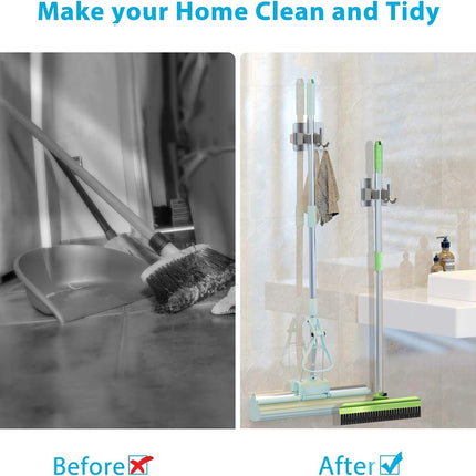 Mop Broom Holder No Drill, Mop Broom Organizer Wall Mounted Heavy Duty with Hooks Hanger, Self Adhesive Stainless Steel 4Pcs for Bathroom, Kitchen, Office (Silver)