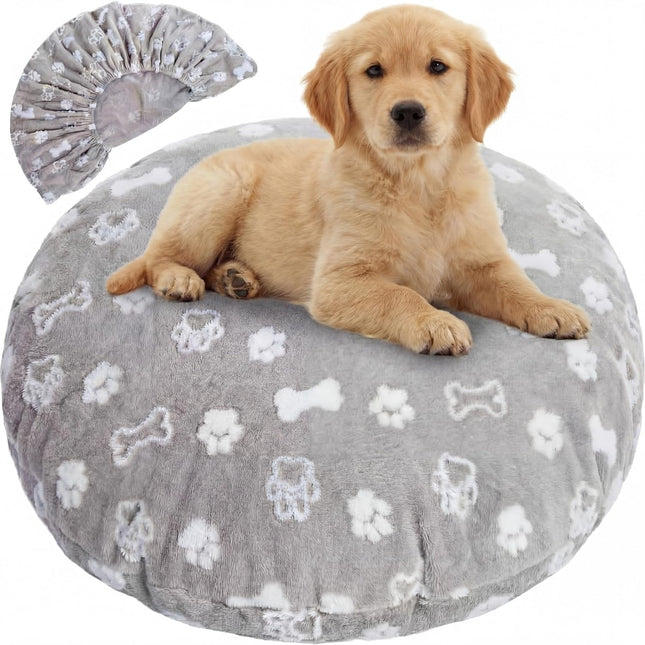 Washable Round Dog Bed Cover 30 x 30 x 10 Gray Paw Bone Prints Waterproof Dog Bed Cover Replacement for Round and Donut Dogs Beds Scratch Resistant Mattress Protector