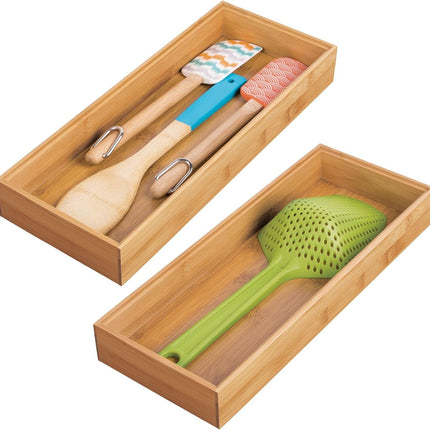 Wooden Bamboo Drawer Organizer - 15" Long Stackable Storage Box Tray for Kitchen Drawers/Cabinet - Utensil, Silverware, Spatula, and Flatware Holder - Echo Collection - 2 Pack, Natural Wood