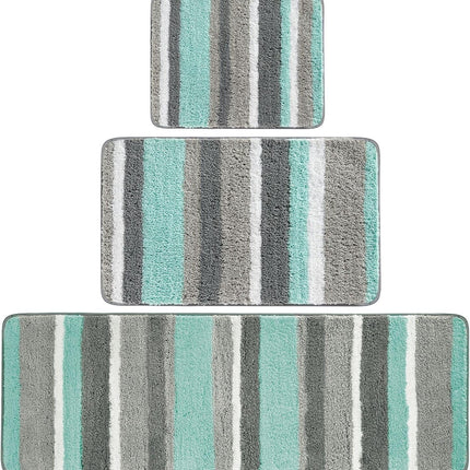 Soft Microfiber Polyester Spa Rugs for Bathroom Vanity, Tub/Shower - Water Absorbent, Machine Washable - Plush Non-Slip Rectangular Accent Rug Mat -Striped Design, Set of 3 Sizes - Mint/Gray