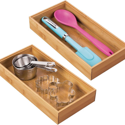 Wooden Bamboo Drawer Organizer - 12" Long Stackable Storage Box Tray for Kitchen Drawers/Cabinet - Utensil, Silverware, Spatula, and Flatware Holder - Echo Collection - 2 Pack, Natural Wood