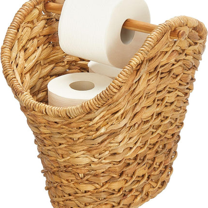 Rustic Farmhouse Water Hyacinth Toilet Paper Holder/Dispenser Basket with Dowel Rod - Storage Organizer for Master or Guest Bathroom Organization - Holds 5 Rolls of Toilet Paper - Natural/Tan