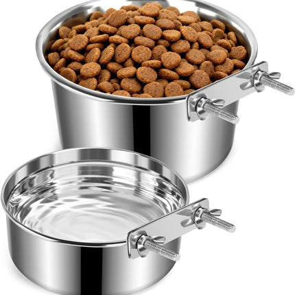 2 Pack Dog Crate Water Bowl No Spill, Stainless Steel Dog Bowls for Food and Water, Pet Kennel Hanging Dogs Food Bowls for Medium/Large Dogs and Cats (7.1"x3.7" & 6.3"*2.6", Silver)