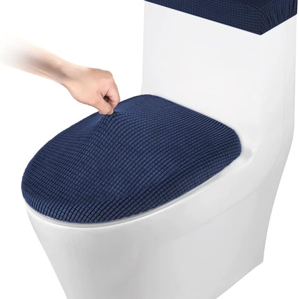 Toilet Lid Cover and Toilet Tank Cover Stretch Toilet Covers Set for Bathroom, Polyester Spandex Jacquard Fabric, Machine Washable, with Elastic Bottom, Navy Blue