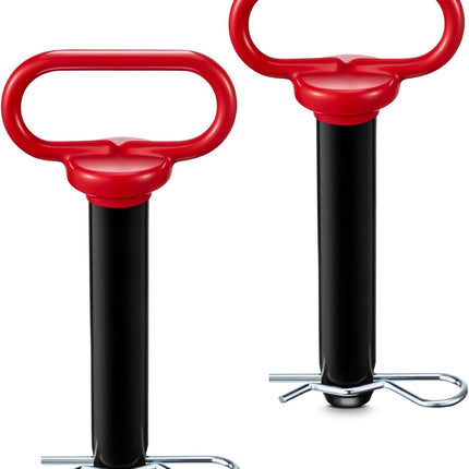 2 Pack 1 x 4-3/4 Inch Carbon Steel Clevis Hitch Pin with 3.35 Inch R Clip and Red Rubber-Coated Handle, Black Powder Coated for Ball Mounts/ATV/Hitch Accessories