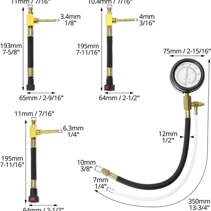 Universal Fuel Pressure Test Kit, Dual Scale Gauge (0-7 bar/0-100 psi) with Multiple Adapter Sizes, Brass Connectors