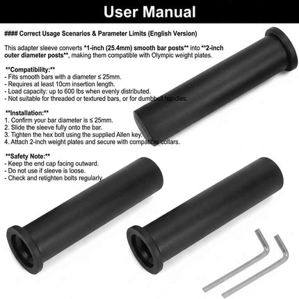 Adapter Sleeves 1" to 2" – 8" Length, 2 Pairs, 600 lbs Load, Locking Bolt & Caps for Racks, Bars & Plates