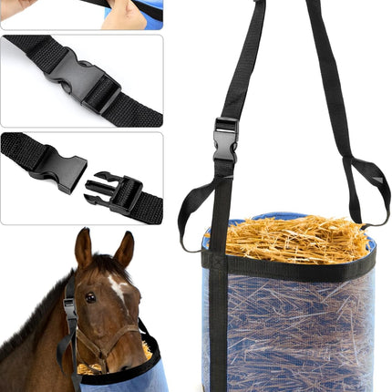 2 Pack Horse Feed Bag for Grain - Durable Mesh Grain Feeder with Adjustable Strap, Comfortable Neck and Nose Pad Horse Muzzle Feed Bag, for Feeding Grain, Powder, Supplements, Blue