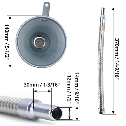 Spout Funnel with 14-9/16" Long Flexible Hose and Strainer, Steel Universal Priming Funnel for All Oils,Diesel Fuel and Other Liquids