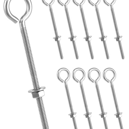 Eye Bolts, 10 Pack 1/4" x 4" Stainless Steel Long Threaded Eyebolts with Nuts, for Hanging or Securing Cables