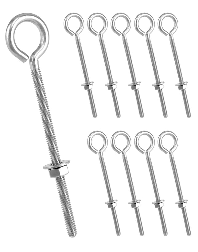 Eye Bolts 10 Pack 1/4 x 4 Stainless Steel Long Threaded Eyebolts with Nuts for Hanging or Securing Cables