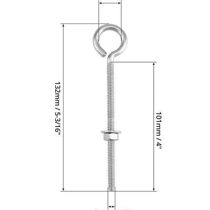 Eye Bolts, 10 Pack 1/4" x 4" Stainless Steel Long Threaded Eyebolts with Nuts, for Hanging or Securing Cables