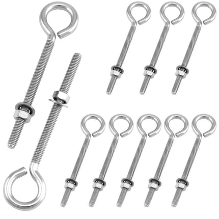 Eye Bolts, 10 Pack 1/4" x 4" Stainless Steel Long Threaded Eyebolts with Nuts, for Hanging or Securing Cables