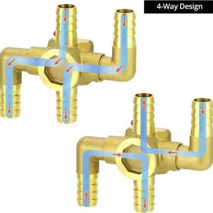 Solid Brass 5/8" 4-Way Heater Control Valve with Switch, 16mm Hose Barb Automotive Bypass