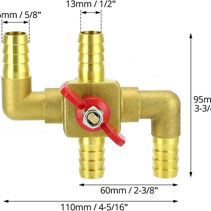 Solid Brass 5/8" 4-Way Heater Control Valve with Switch, 16mm Hose Barb Automotive Bypass