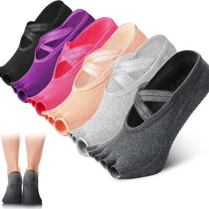 6 Pairs Pilates Socks with Grip for Women Non Slip Yoga Socks Toeless Barre Sticky with Straps Multicolor for Ballet Dance Barefoot Workout