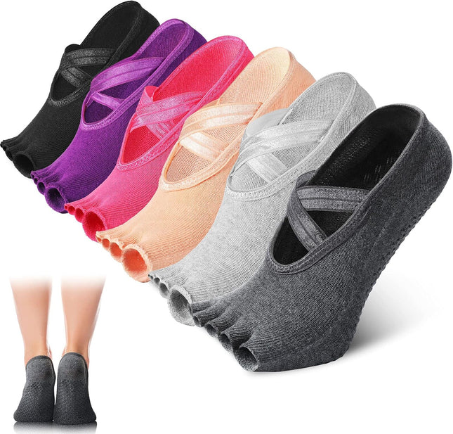 6 Pairs Pilates Socks with Grip for Women Non Slip Yoga Socks Toeless Barre Sticky with Straps Multicolor