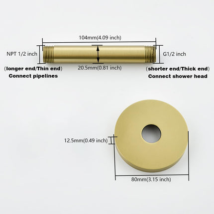 Shower Arm with Flange,Gold 4 Inches Ceiling Mount Shower Head Extension Arm Straight Arm Ceiling-Mounted For Fixed Shower Head,Brushed Gold.RD91038-4BG