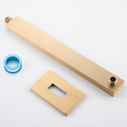 16 Inch Brushed Gold Shower Arm with Flange and Teflon Tape,Thicken Stainless Steel Extension Extender Pipe for Fixed Rain Shower Head,Extra Long High Rise Shower Head Extension Arm.91118-16BG
