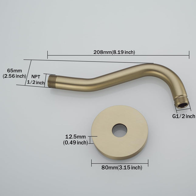 8 Inch Curved Shower Arm with Flange Brushed Gold S-Shape Shower Head Extension Arm Stainless Steel Wall – product detail