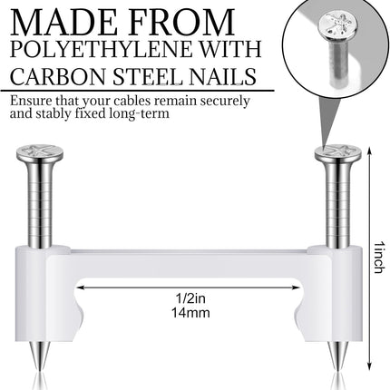 500 Cable Clips 2 Steel Nails Polyethylene Electrical Wire Staples Electrical Wire Staples for Securing NM Non Metallic Cable to Wall Ceiling Floor Cement, White (1/2 Inch)