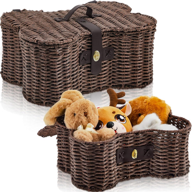 2 Set Large Small Dog Toy Basket with Lid Bone Shaped Basket for Dog Natural V1258-DP02-C-2278 in Brown