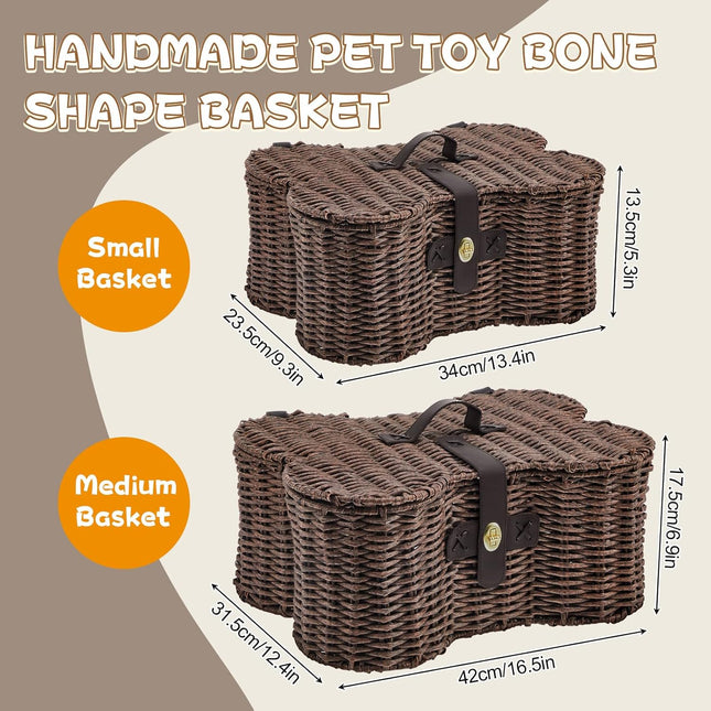 2 Set Large Small Dog Toy Basket with Lid Bone Shaped Basket for Dog Natural – product detail