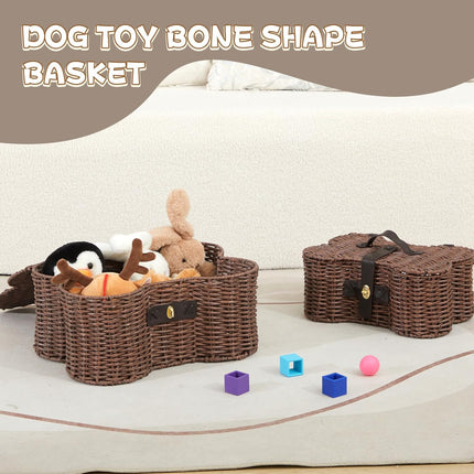2 Set Large Small Dog Toy Basket with Lid Bone Shaped Basket for Dog Natural Wicker Woven Handmade Pet Puppy Toy Organizer and Storage Box Bin for Cats Brown