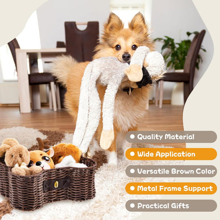 2 Set Large Small Dog Toy Basket with Lid Bone Shaped Basket for Dog Natural Wicker Woven Handmade Pet Puppy Toy Organizer and Storage Box Bin for Cats Brown