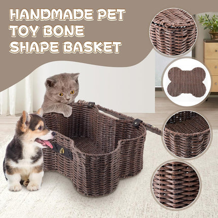 2 Set Large Small Dog Toy Basket with Lid Bone Shaped Basket for Dog Natural Wicker Woven Handmade Pet Puppy Toy Organizer and Storage Box Bin for Cats Brown