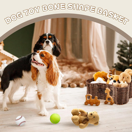 2 Set Large Small Dog Toy Basket with Lid Bone Shaped Basket for Dog Natural Wicker Woven Handmade Pet Puppy Toy Organizer and Storage Box Bin for Cats Brown