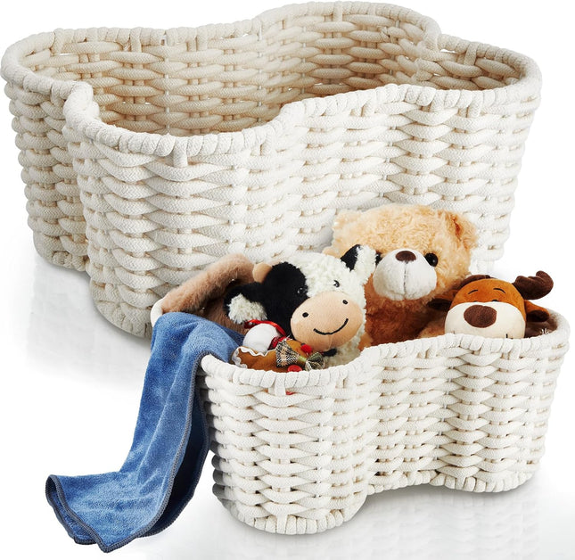 2 Pcs Dog Toy Basket Dog Toy Bin Bone Shaped Handmade Pet Organizer for Pet White Cotton Rope Basket (16.5
