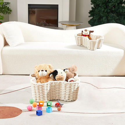 2 Pcs Dog Toy Basket Dog Toy Bin Bone Shaped Handmade Pet Organizer for Pet White Cotton Rope Basket (16.5 x 12.4 x 6.89 and 13.39 x 9.25 x 5.4)