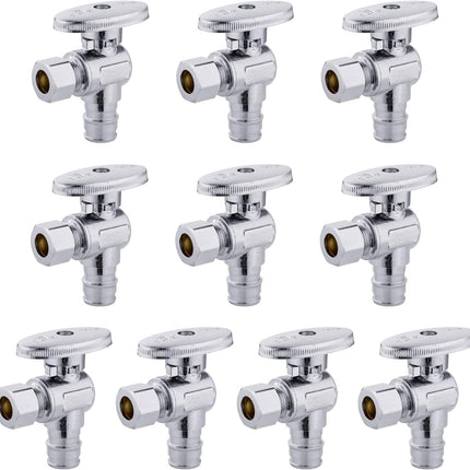 10 PCS  Stop Angle Valve Pex-A Inlet, 1/4 Turn,3/8" OD Compression X 1/2" Pex-A Expansion, Chrome Plated Brass,(VALVE094-10PCS)