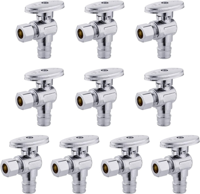 10 PCS Stop Angle Valve Pex-A Inlet 1/4 Turn 3/8 OD Compression X 1/2 Pex-A Expansion Chrome Plated Brass
