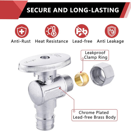 10 PCS  Stop Angle Valve Pex-A Inlet, 1/4 Turn,3/8" OD Compression X 1/2" Pex-A Expansion, Chrome Plated Brass,(VALVE094-10PCS)