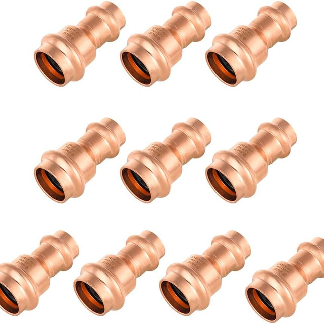 (Pack of 10)  3/4" x 1/2" Copper Press Fit Reduce Coupling Fittings With Stop For Copper Tube Connection, LBP Design,(PRESS015)