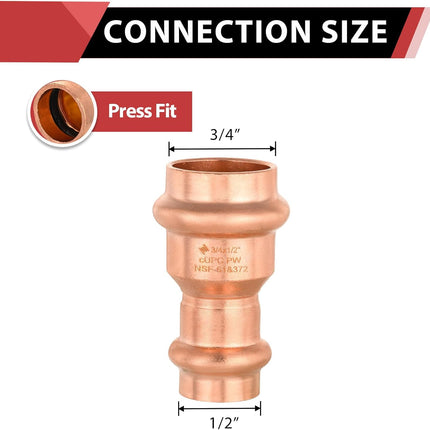 (Pack of 10)  3/4" x 1/2" Copper Press Fit Reduce Coupling Fittings With Stop For Copper Tube Connection, LBP Design,(PRESS015)