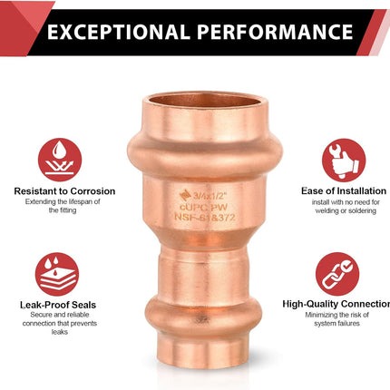 (Pack of 10)  3/4" x 1/2" Copper Press Fit Reduce Coupling Fittings With Stop For Copper Tube Connection, LBP Design,(PRESS015)