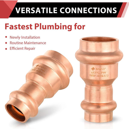 (Pack of 10)  3/4" x 1/2" Copper Press Fit Reduce Coupling Fittings With Stop For Copper Tube Connection, LBP Design,(PRESS015)