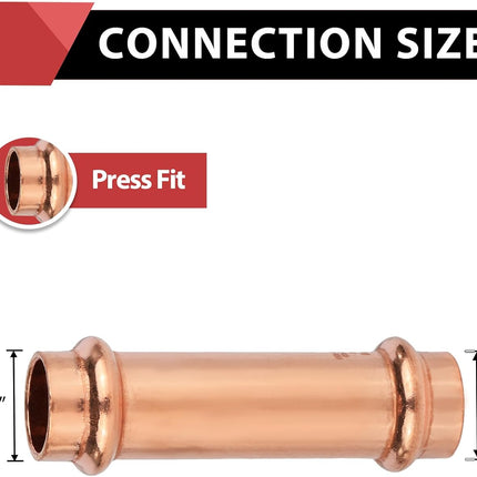(Pack of 10)  1/2" x 1/2" Copper Press Fit Extended Coupling Fittings, No Stop,(PRESS028)