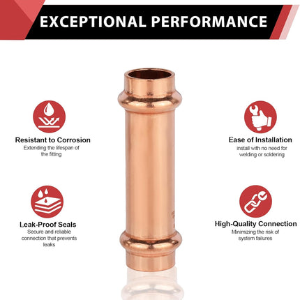 (Pack of 10)  1/2" x 1/2" Copper Press Fit Extended Coupling Fittings, No Stop,(PRESS028)