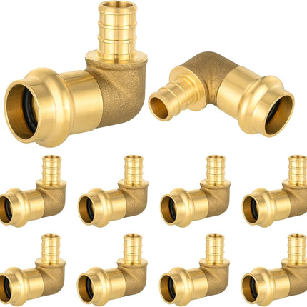 (Pack of 10)  1/2" PEX B Crimp x 1/2" Copper Press 90° Elbow Brass Fittings For Copper and Pex Pipe Connection,(PRESS091)