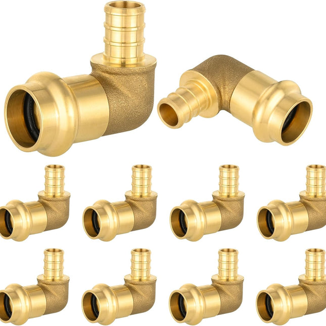 (Pack of 10)  1/2" PEX B Crimp x 1/2" Copper Press 90° Elbow Brass Fittings For Copper and Pex Pipe Connection,(PRESS091)