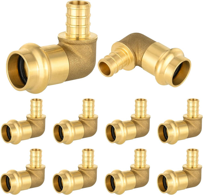 (Pack of 10) 1/2 PEX B Crimp x 1/2 Copper Press 90 Degree Elbow Brass Fittings For Copper and Pex Pipe