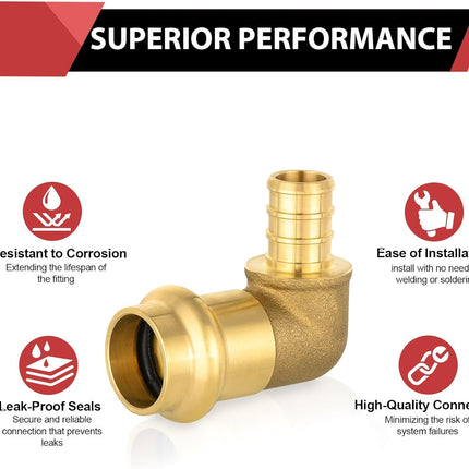 (Pack of 10)  1/2" PEX B Crimp x 1/2" Copper Press 90° Elbow Brass Fittings For Copper and Pex Pipe Connection,(PRESS091)