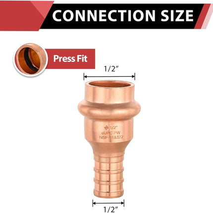 Copper Fittings 1/2‘’ Copper Press x 1/2 ‘’PEX Crimp Coupling Adapter For Copper and Pex Pipe Connection (Pack of 10), LBP Design,(PRESS012)