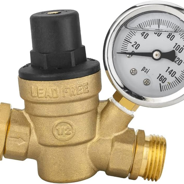 RV Water Pressure Regulator Valve, Adjustable Water Pressure Reducer with Gauge and Inlet Screen Filter for RV Camper Travel Trailer,(TOOL029)