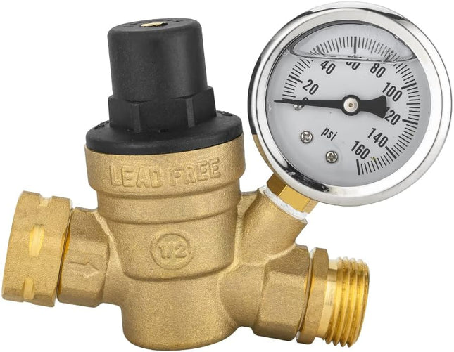 RV Water Pressure Regulator Valve Adjustable Water Pressure Reducer with Gauge and Inlet Screen Filter for